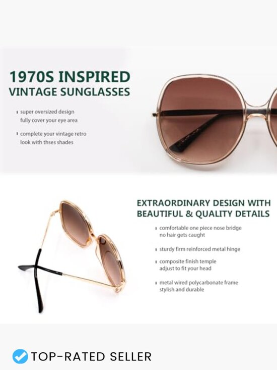 Oversized Square Sunglasses Retro 70s Vintage Extra Large UV400 Protection main image 3